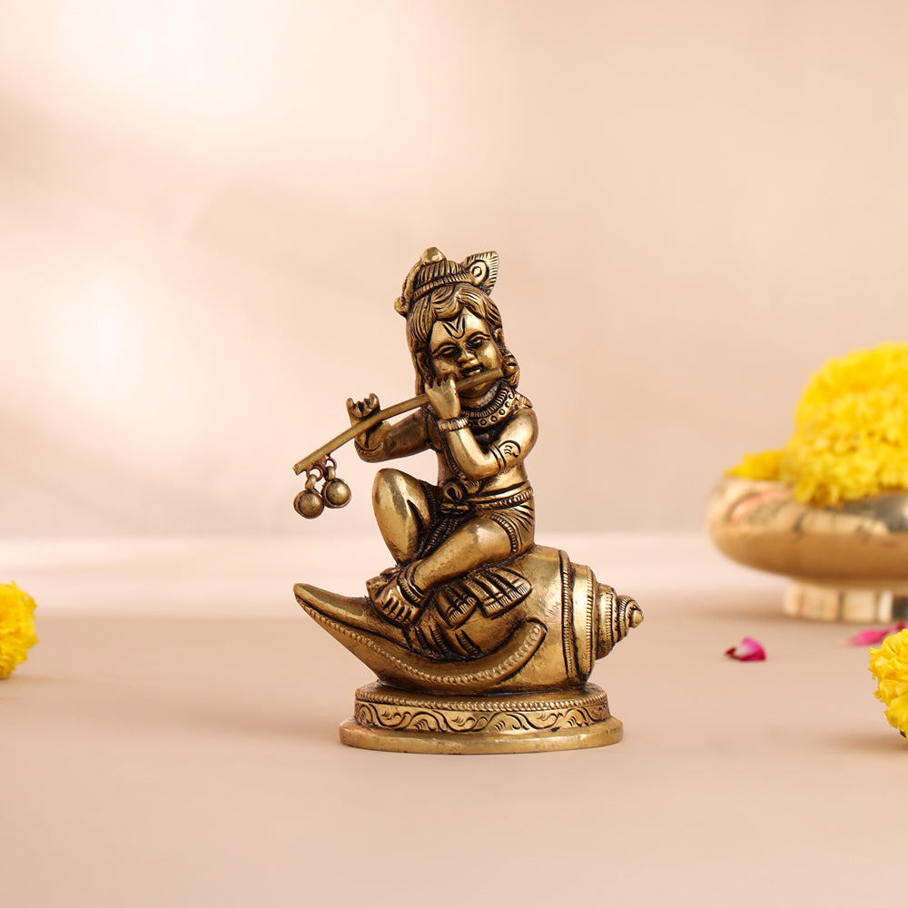Brass Superfine Laddu Gopal Sitting On Conch (5 Inch) Vedansh Craft