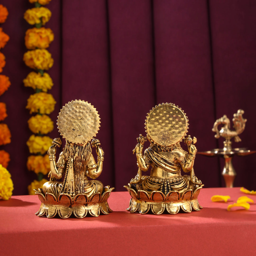 Brass Superfine Lotus Sitting Ganesha And Lakshmi Idols (4 Inch) Vedansh Craft