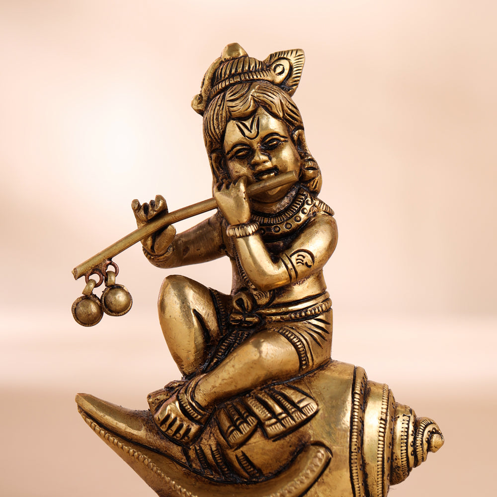 Brass Superfine Laddu Gopal Sitting On Conch (5 Inch) Vedansh Craft