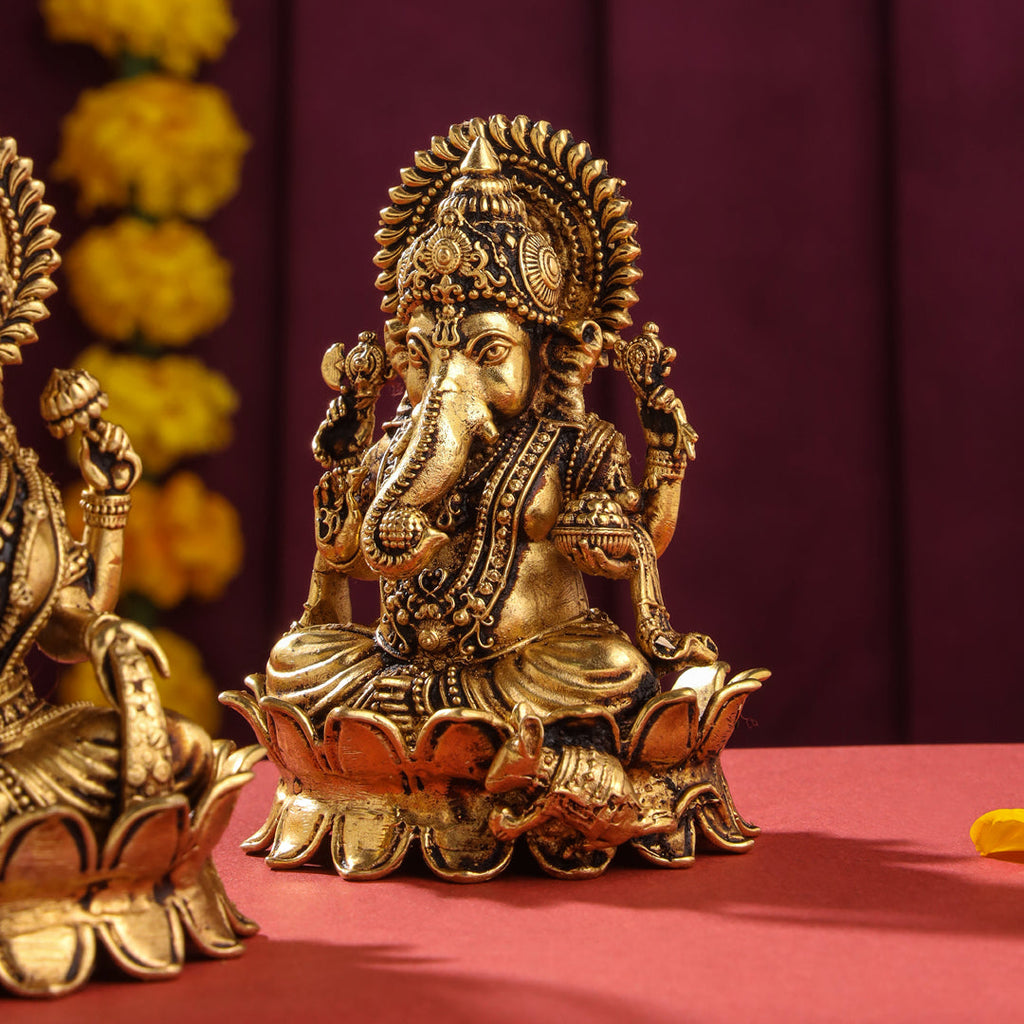 Brass Superfine Lotus Sitting Ganesha And Lakshmi Idols (4 Inch) Vedansh Craft