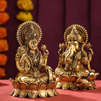 Brass Superfine Lotus Sitting Ganesha And Lakshmi Idols (4 Inch) Vedansh Craft