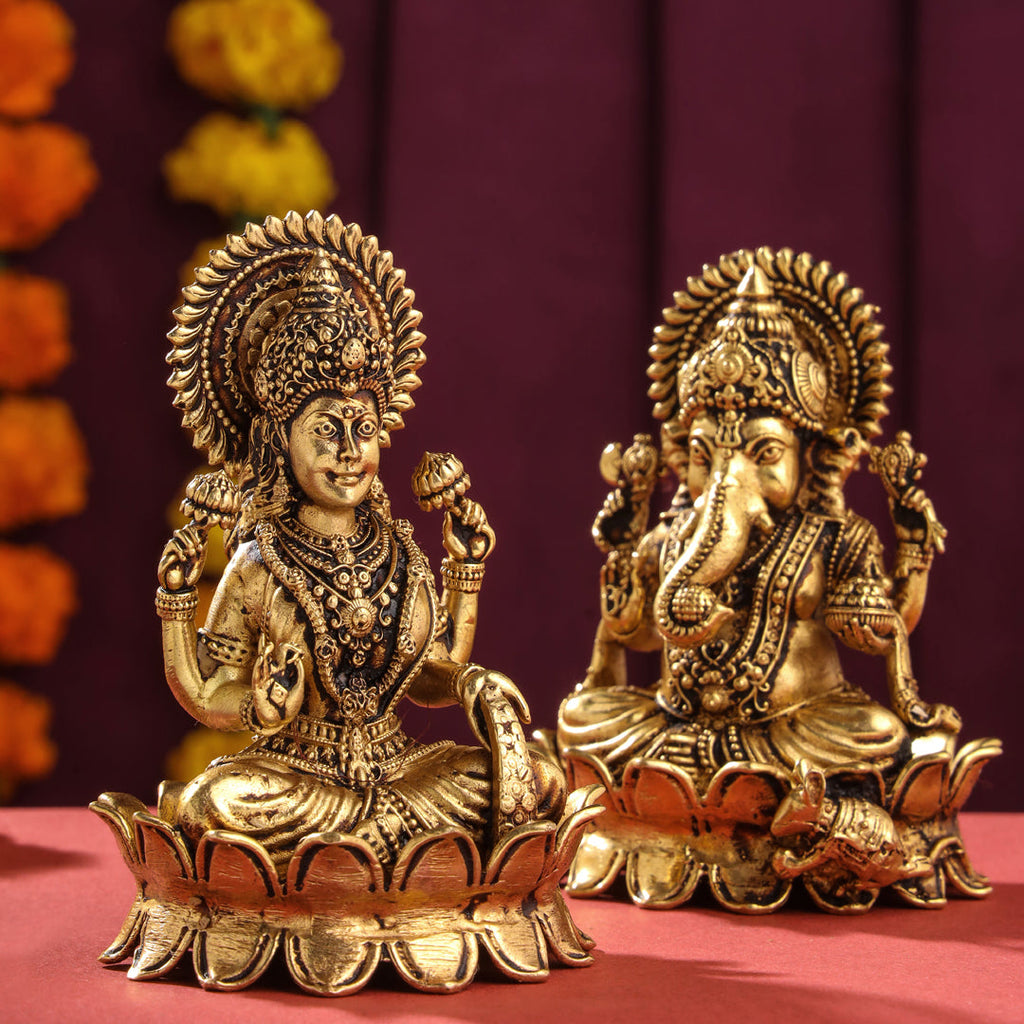 Brass Superfine Lotus Sitting Ganesha And Lakshmi Idols (4 Inch) Vedansh Craft