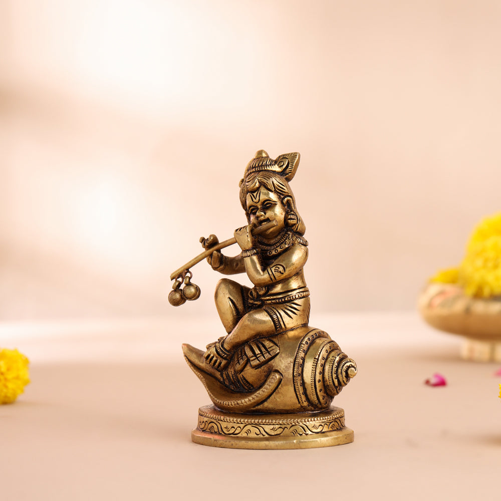 Brass Superfine Laddu Gopal Sitting On Conch (5 Inch) Vedansh Craft