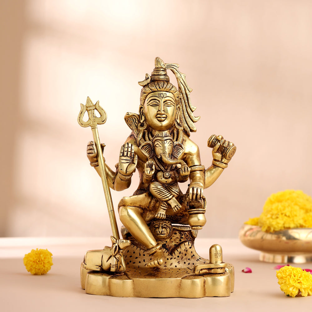 Brass Sitting Lord Shiva With Ganesha Idol (9 Inch) Vedansh Craft