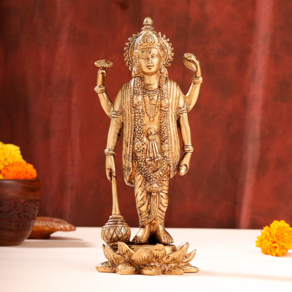 Brass Lord Vishnu Idol On Lotus (9 Inch) Vedansh Craft