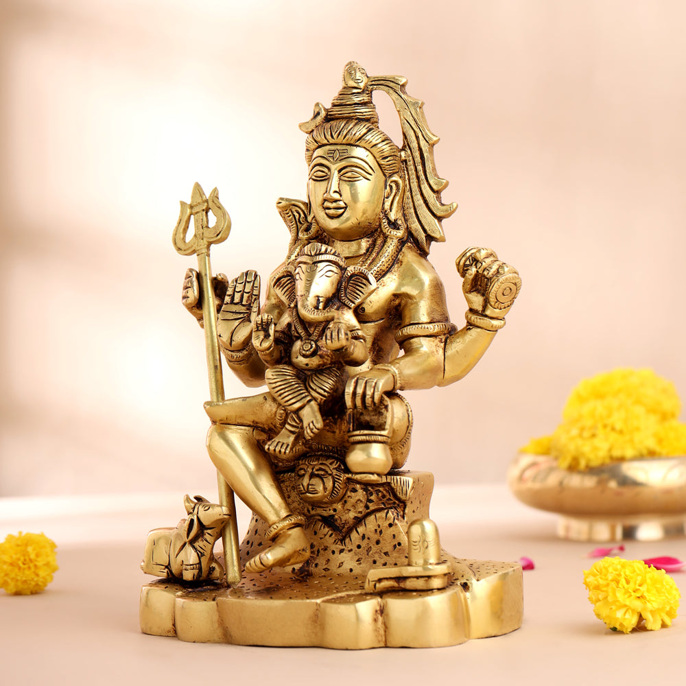 Brass Sitting Lord Shiva With Ganesha Idol (9 Inch) Vedansh Craft