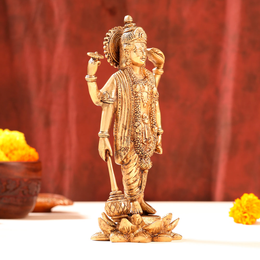 Brass Lord Vishnu Idol On Lotus (9 Inch) Vedansh Craft