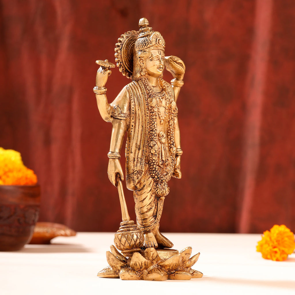 Brass Lord Vishnu Idol On Lotus (9 Inch) Vedansh Craft
