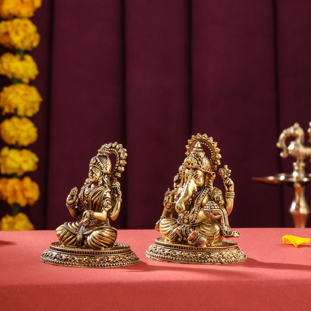 Brass Superfine Sitting Ganesha And Lakshmi set (2.5 Inch) Vedansh Craft
