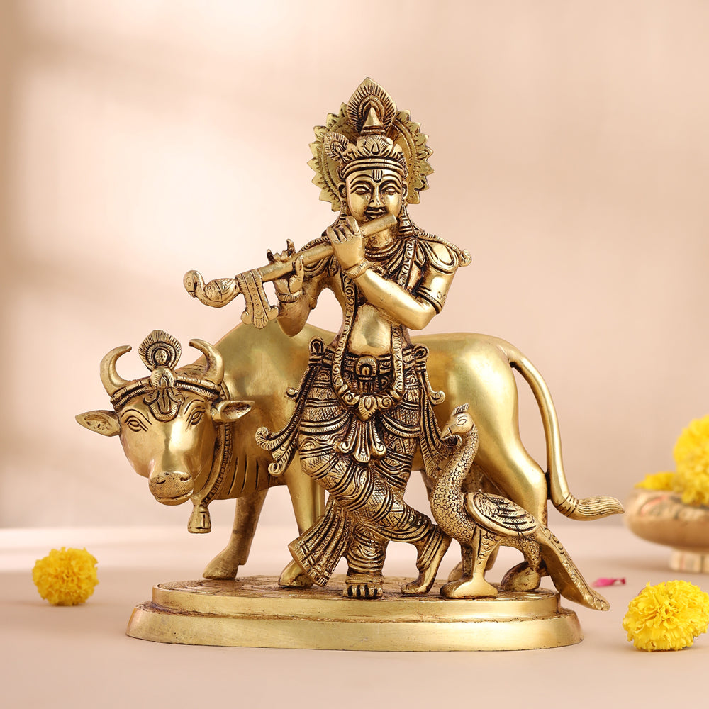 Brass Standing Krishna With Cow Statue (9.5 Inch) Vedansh Craft