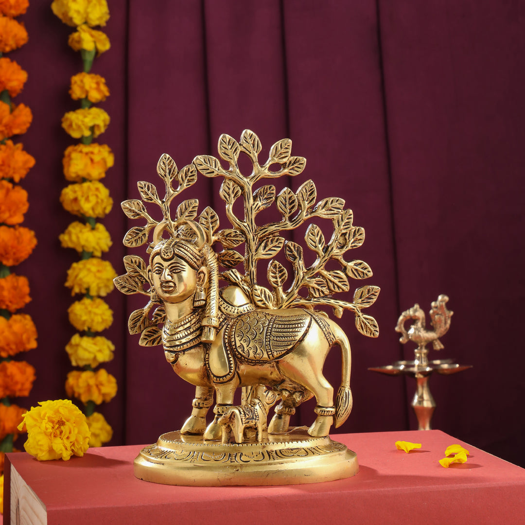 Brass Kamdhenu Cow With Calf Idol With Tree (8 Inch) Vedansh Craft