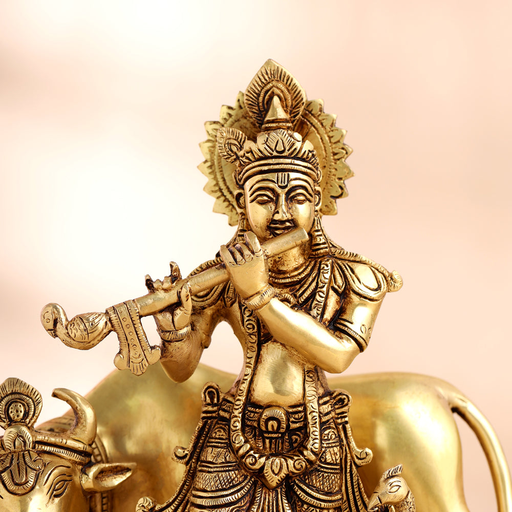 Brass Standing Krishna With Cow Statue (9.5 Inch) Vedansh Craft