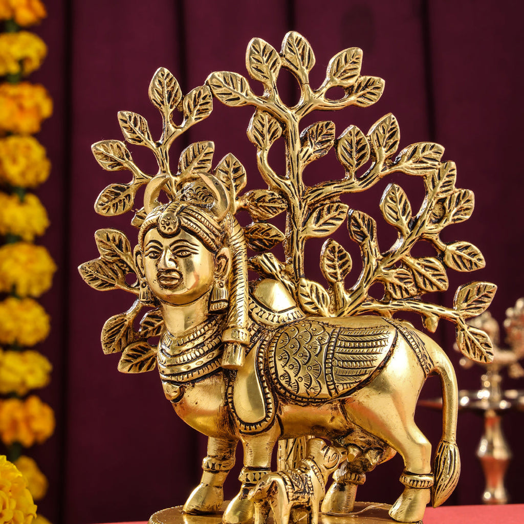 Brass Kamdhenu Cow With Calf Idol With Tree (8 Inch) Vedansh Craft