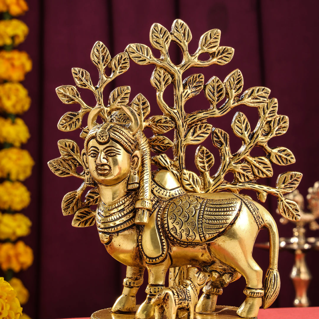 Brass Kamdhenu Cow With Calf Idol With Tree (8 Inch) Vedansh Craft