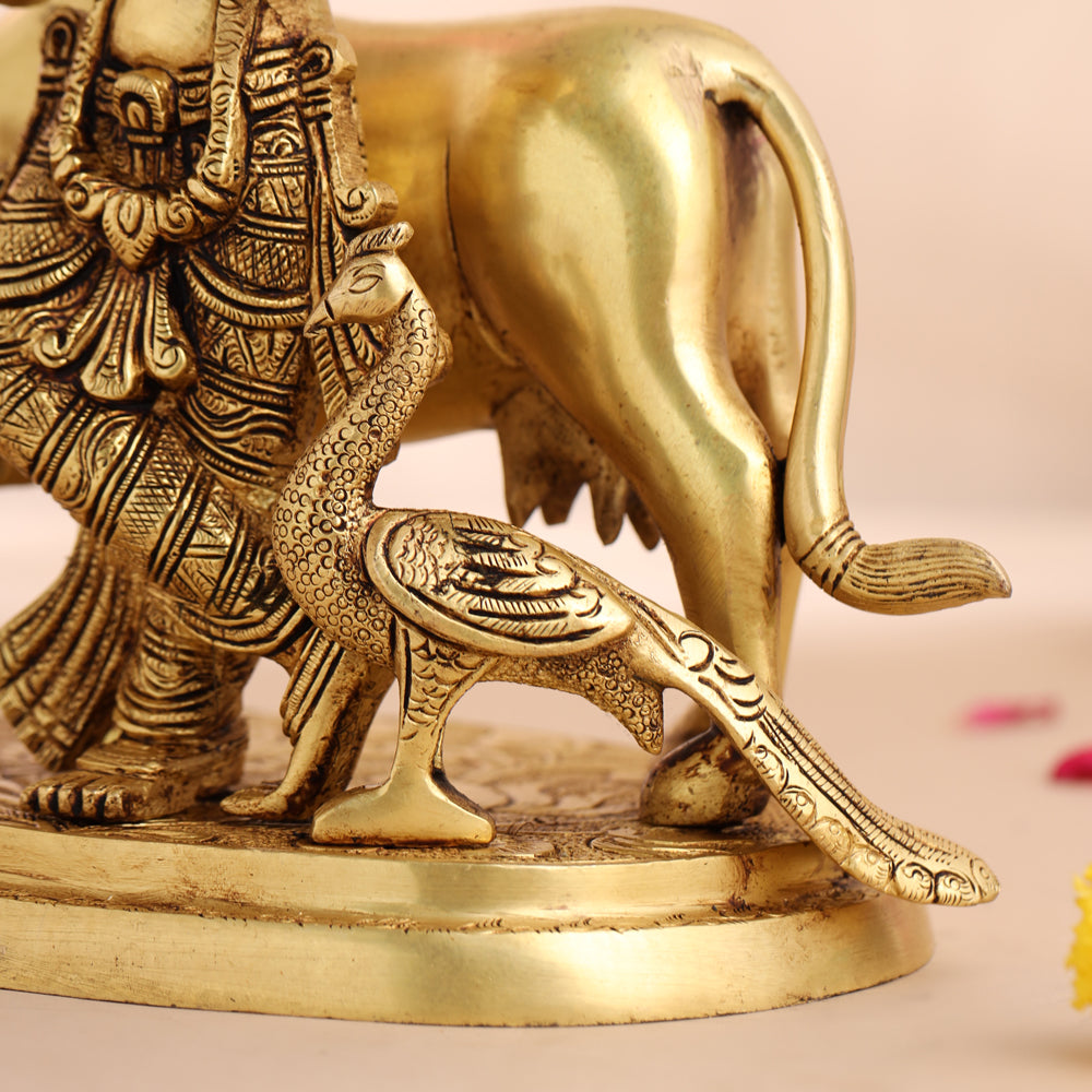 Brass Standing Krishna With Cow Statue (9.5 Inch) Vedansh Craft