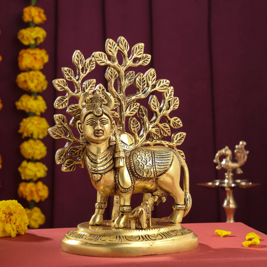 Brass Kamdhenu Cow With Calf Idol With Tree (8 Inch) Vedansh Craft