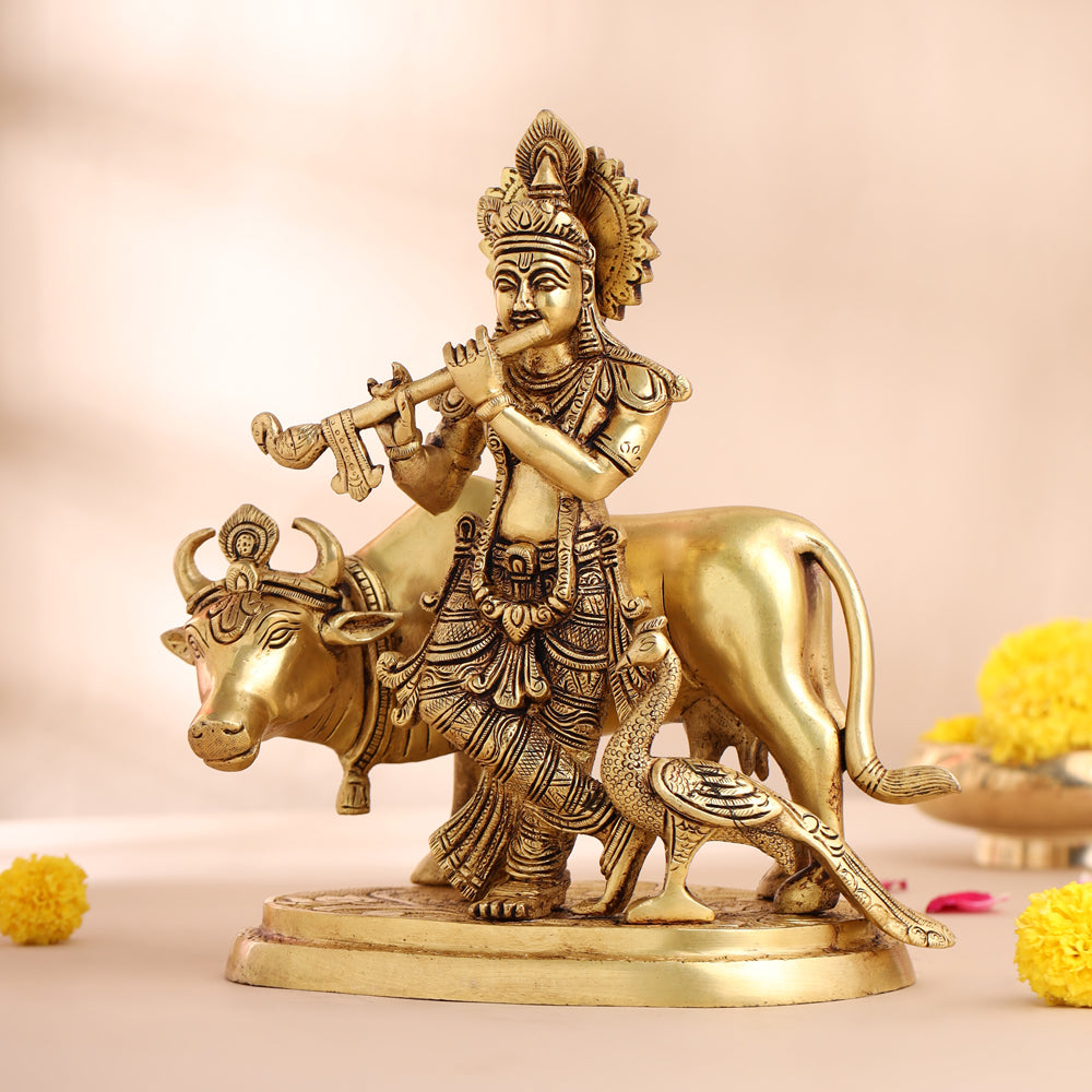 Brass Standing Krishna With Cow Statue (9.5 Inch) Vedansh Craft