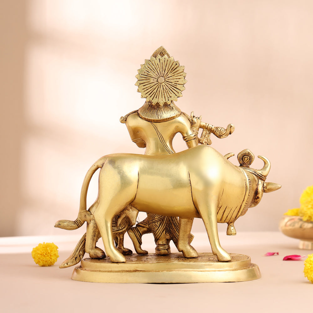 Brass Standing Krishna With Cow Statue (9.5 Inch) Vedansh Craft