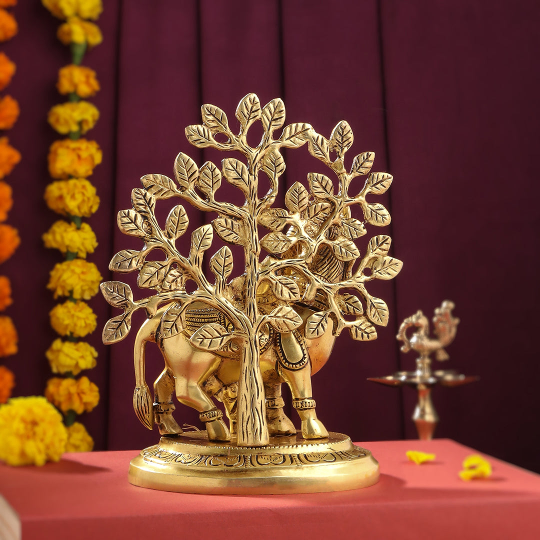Brass Kamdhenu Cow With Calf Idol With Tree (8 Inch) Vedansh Craft