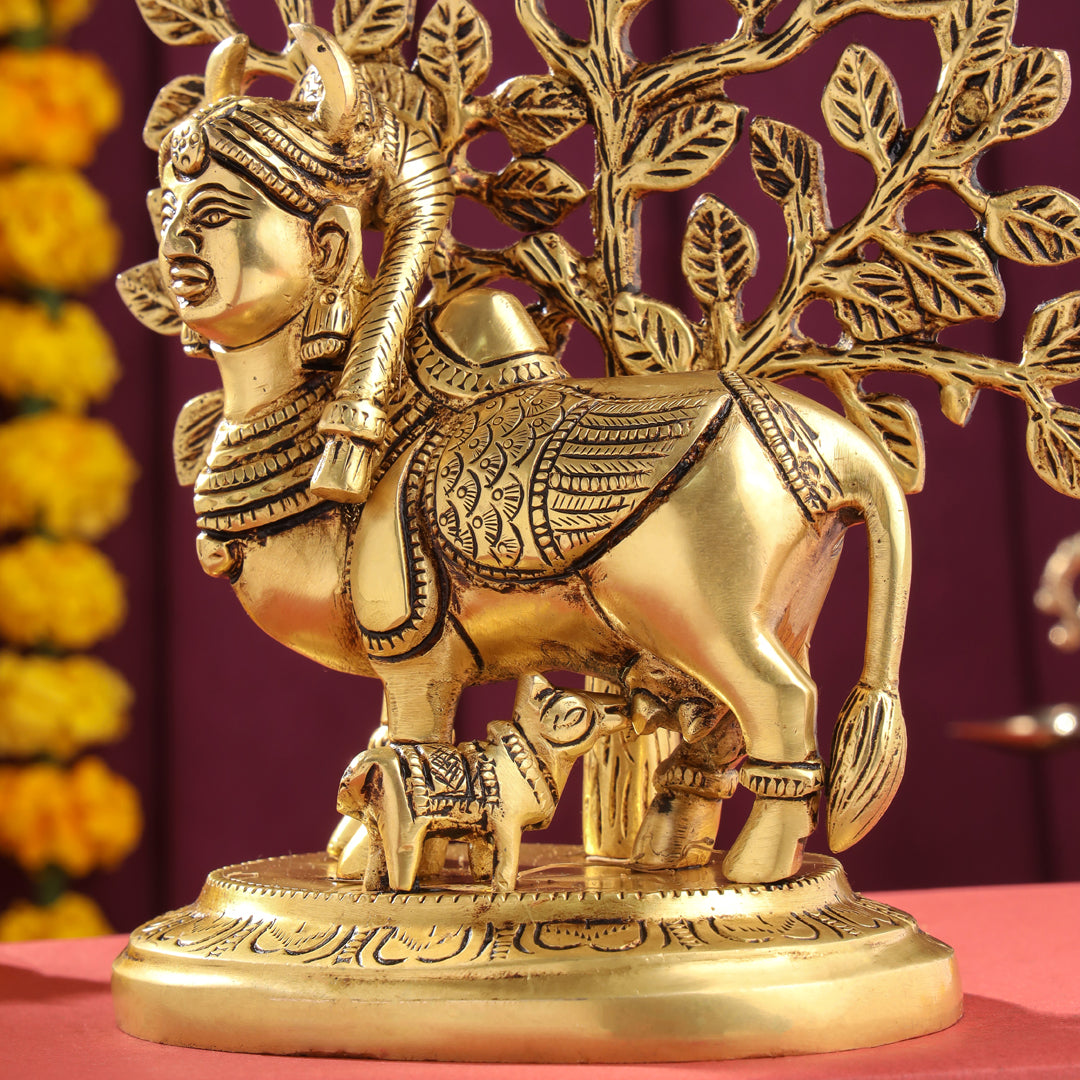 Brass Kamdhenu Cow With Calf Idol With Tree (8 Inch) Vedansh Craft