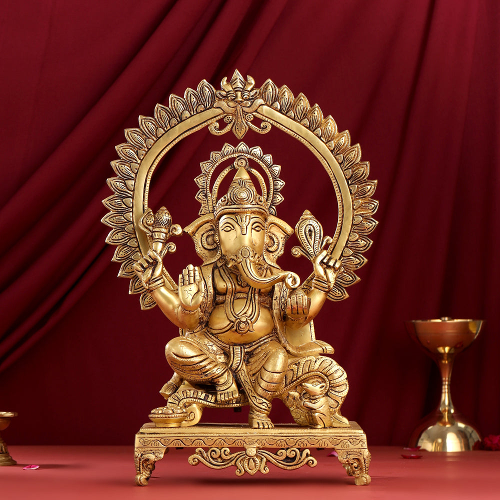 Brass Sitting Ganesha On Throne Idol (17 Inch) Vedansh Craft