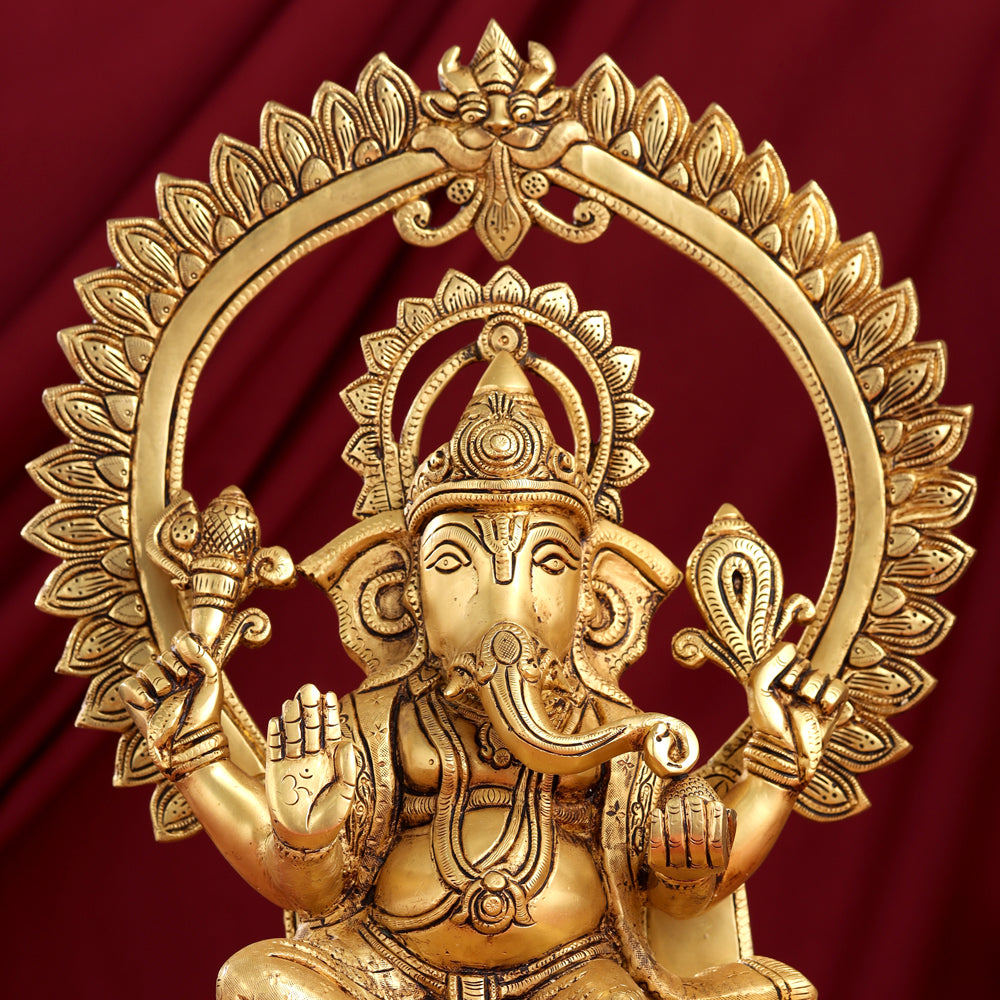 Brass Sitting Ganesha On Throne Idol (17 Inch) Vedansh Craft