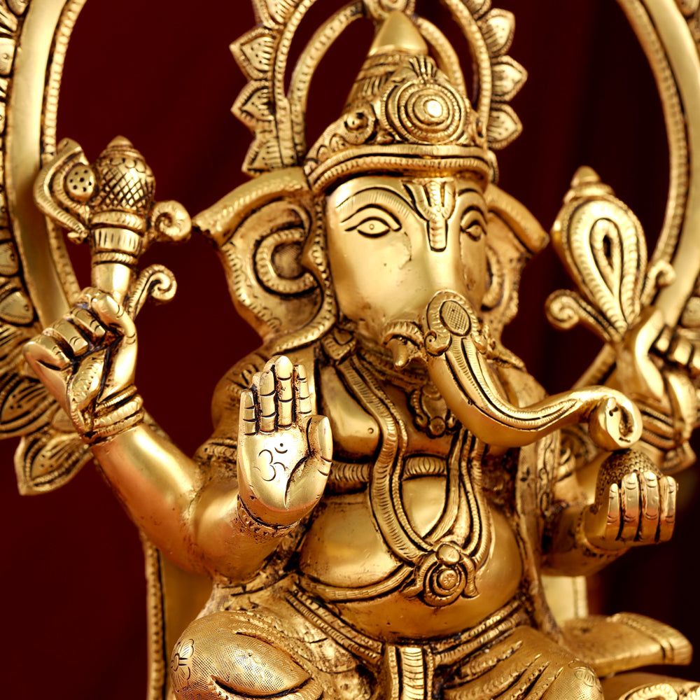 Brass Sitting Ganesha On Throne Idol (17 Inch) Vedansh Craft