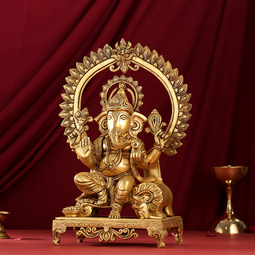 Brass Sitting Ganesha On Throne Idol (17 Inch) Vedansh Craft