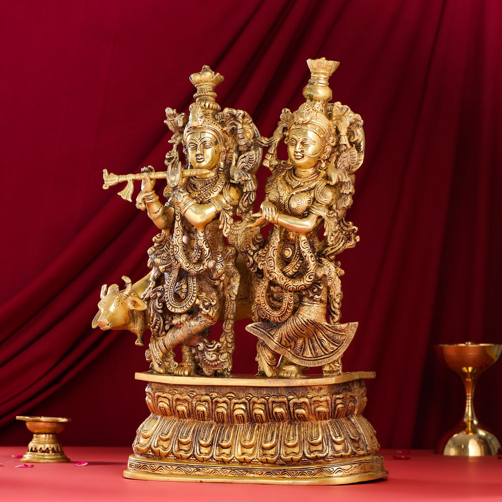 Brass Standing Radha Krishna With Cow Statue (21 Inch) Vedansh Craft