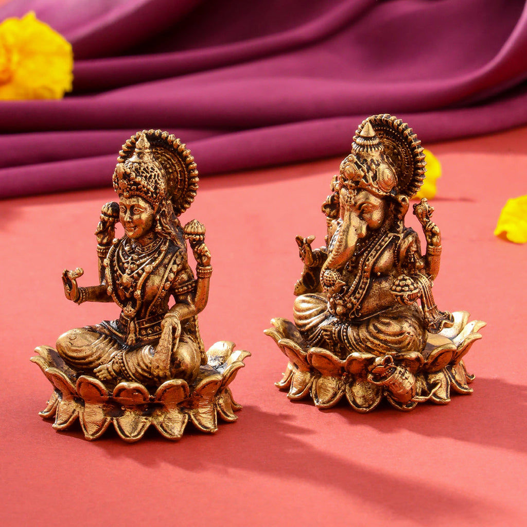 Brass Superfine Sitting Lotus Ganesha And Lakshmi Idols Vedansh Craft