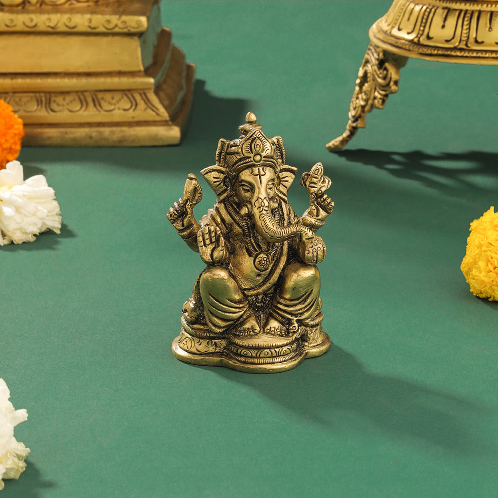 Brass Blessing Sitting Ganesha Idol (3.5 Inch) Vedansh Craft