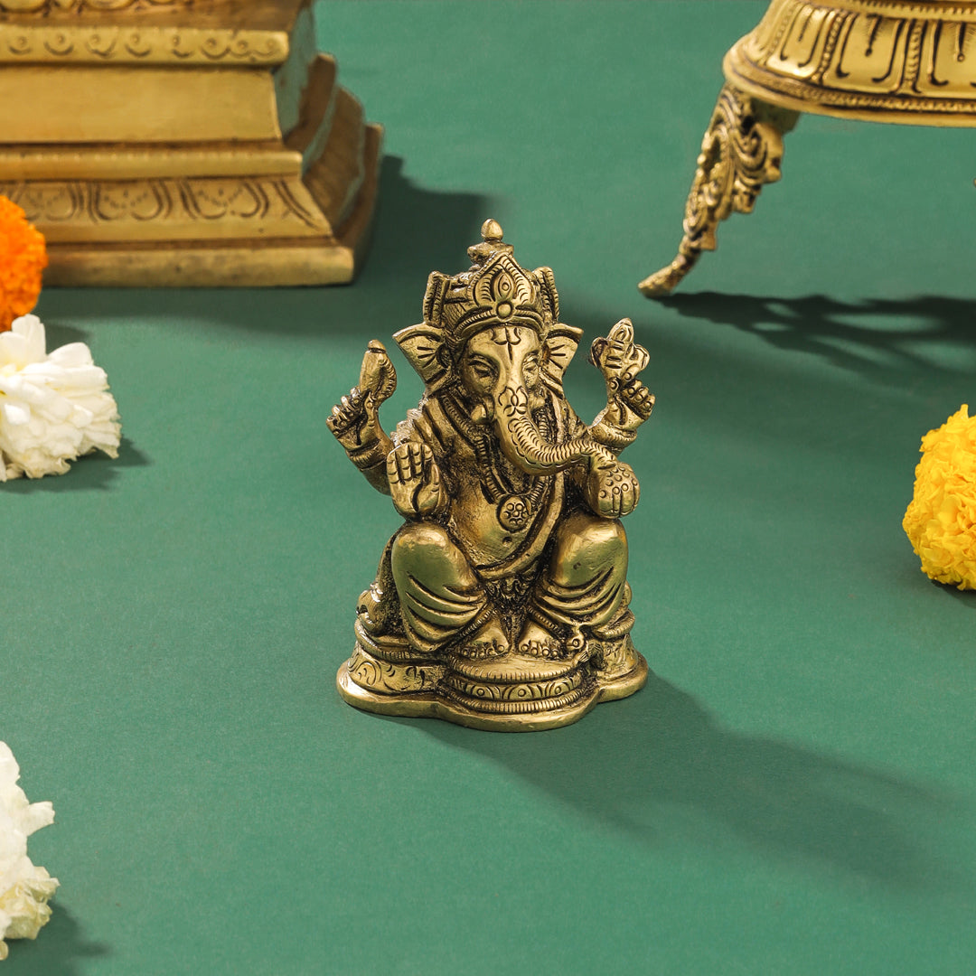 Brass Blessing Sitting Ganesha Idol (3.5 Inch) Vedansh Craft