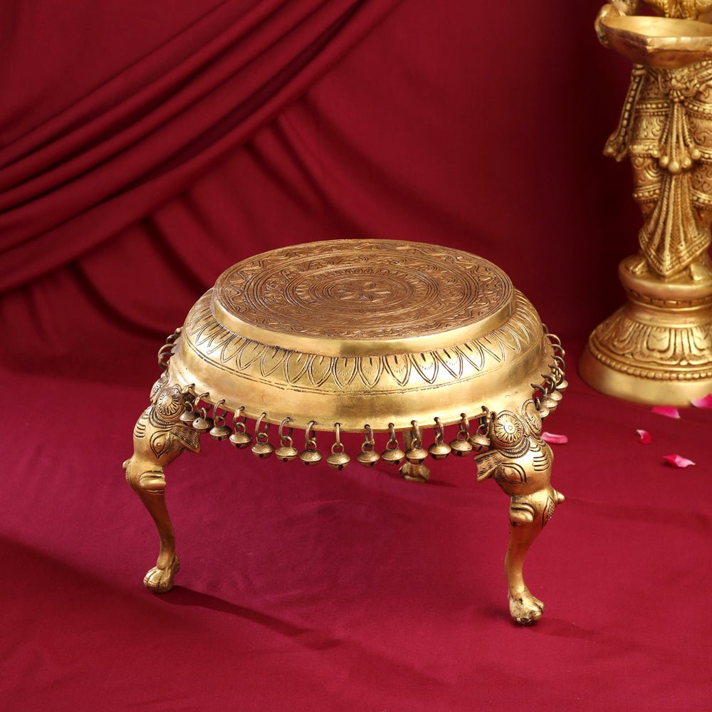 Brass Stool With Hanging Bells (9 Inch) Vedansh Craft
