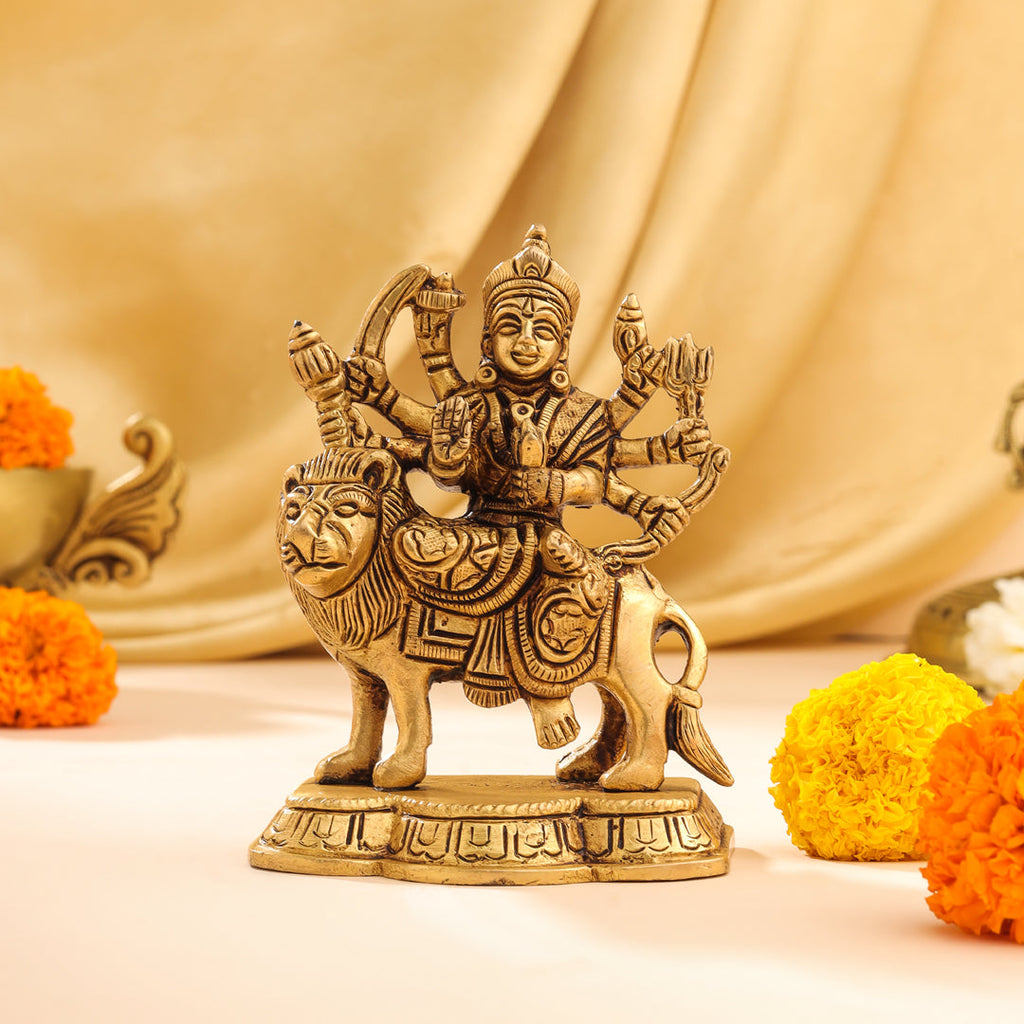 Brass Durga Devi Sitting on Lion Idol (4.5 Inch) Vedansh Craft