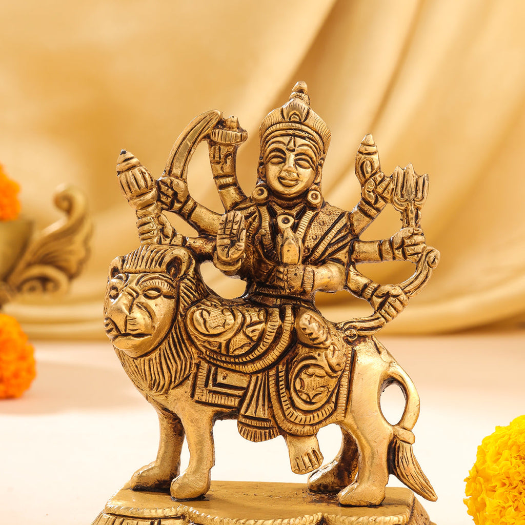 Brass Durga Devi Sitting on Lion Idol (4.5 Inch) Vedansh Craft