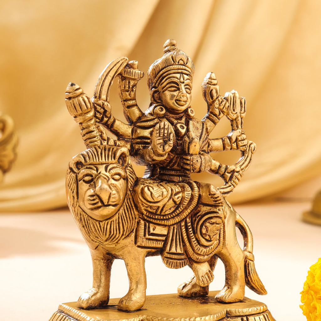 Brass Durga Devi Sitting on Lion Idol (4.5 Inch) Vedansh Craft