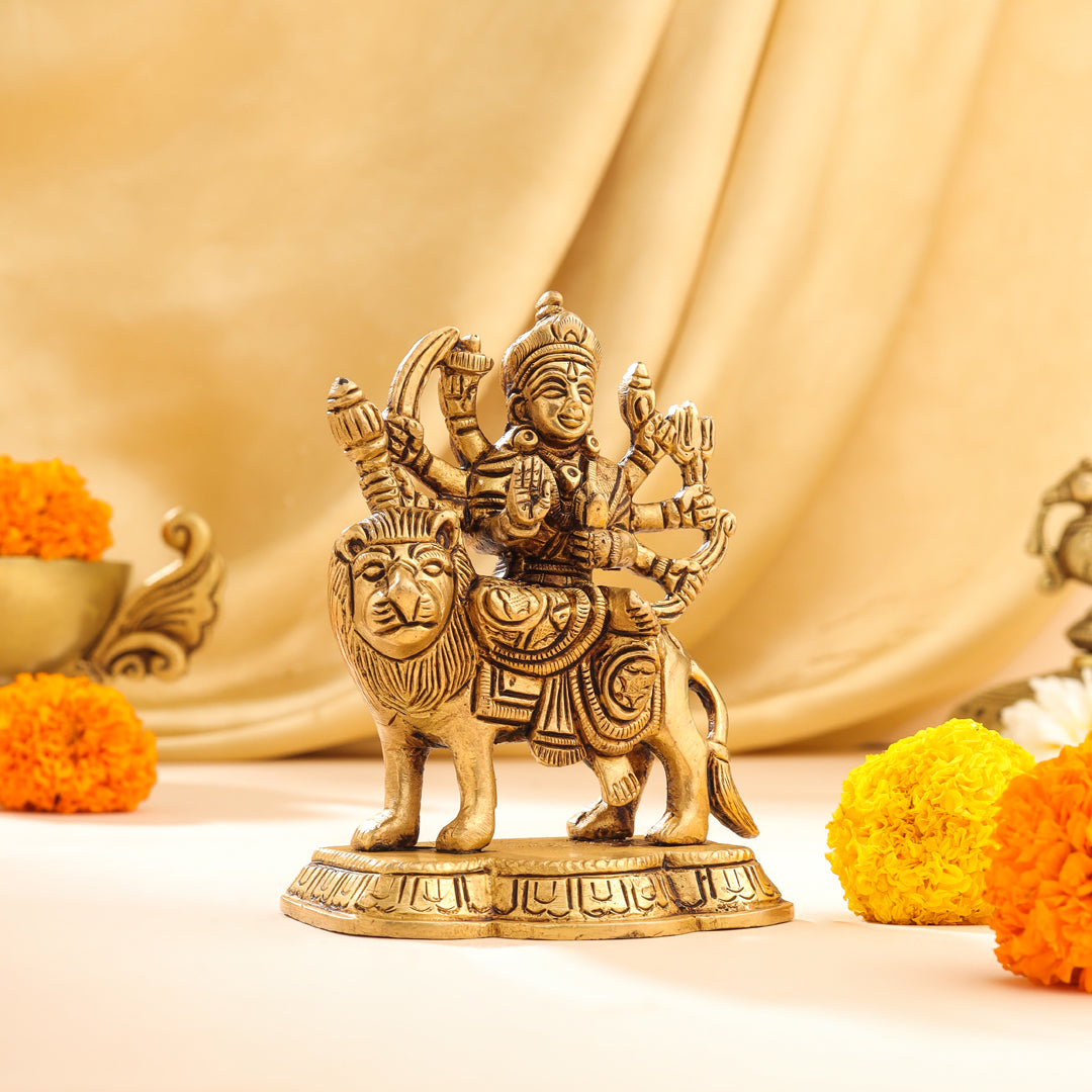 Brass Durga Devi Sitting on Lion Idol (4.5 Inch) Vedansh Craft