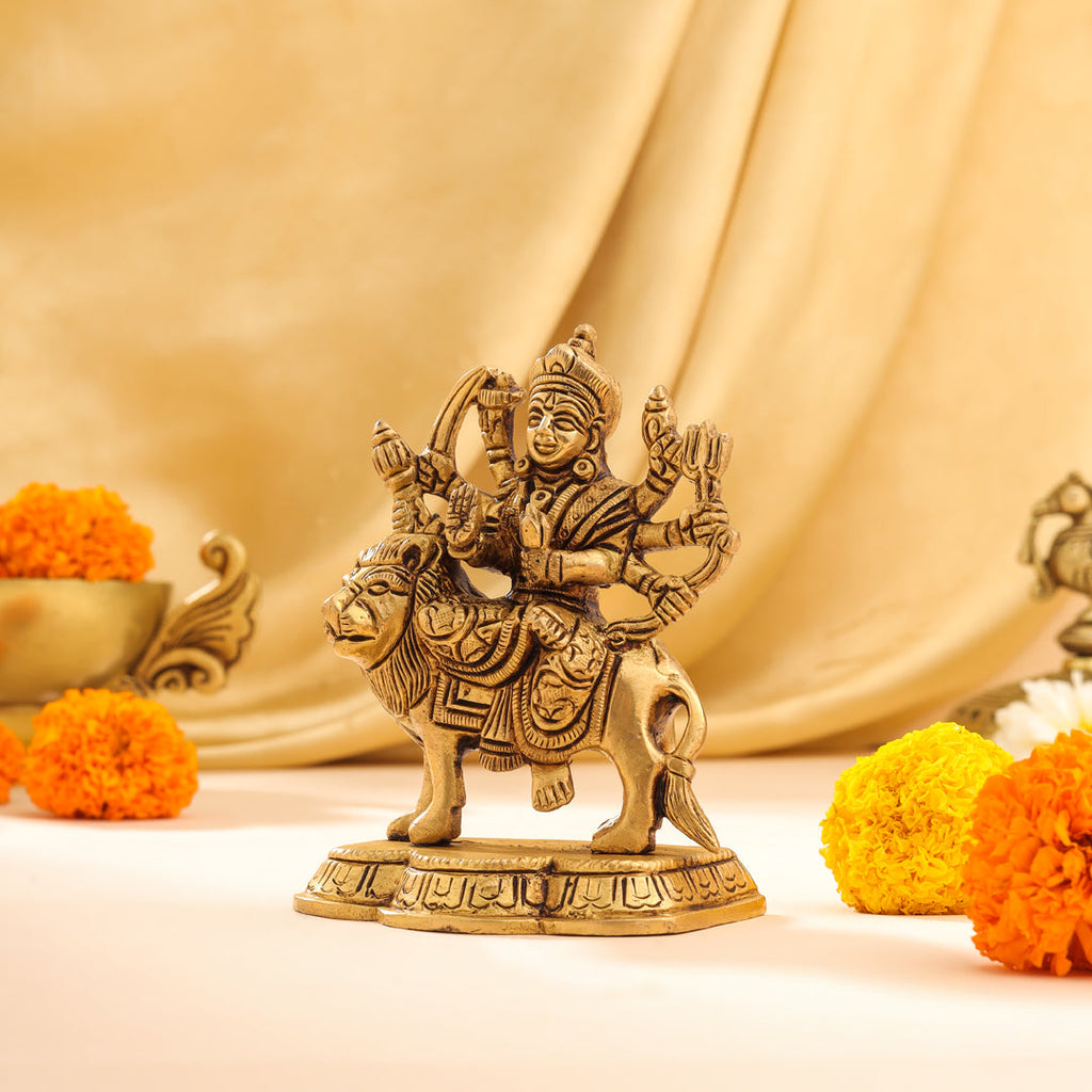 Brass Durga Devi Sitting on Lion Idol (4.5 Inch) Vedansh Craft