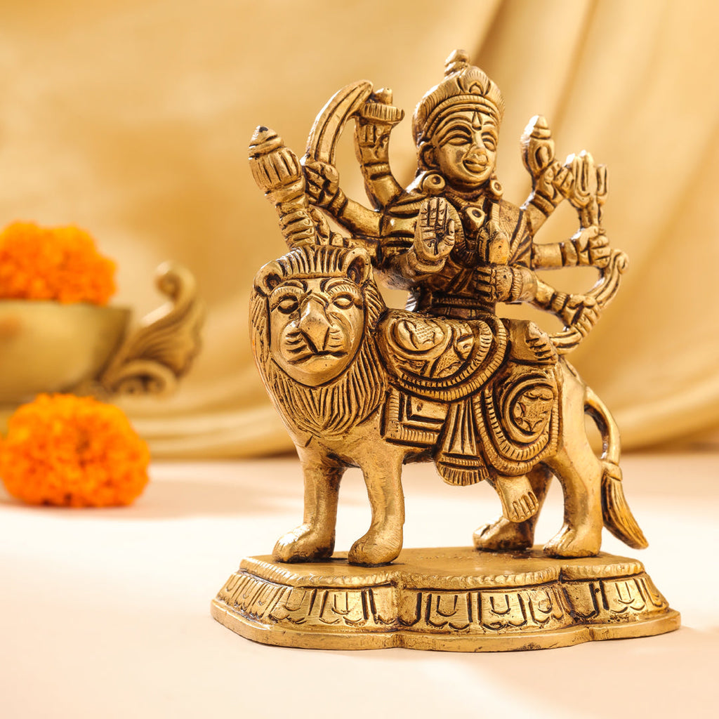 Brass Durga Devi Sitting on Lion Idol (4.5 Inch) Vedansh Craft