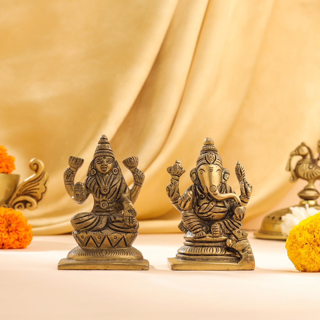 Brass Sitting Ganesha And Lakshmi Set Idol (3.5 Inch) Vedansh Craft