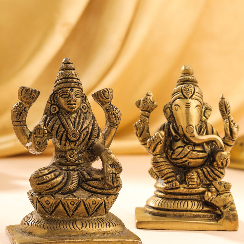 Brass Sitting Ganesha And Lakshmi Set Idol (3.5 Inch) Vedansh Craft