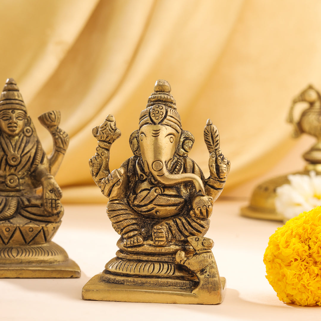 Brass Sitting Ganesha And Lakshmi Set Idol (3.5 Inch) Vedansh Craft