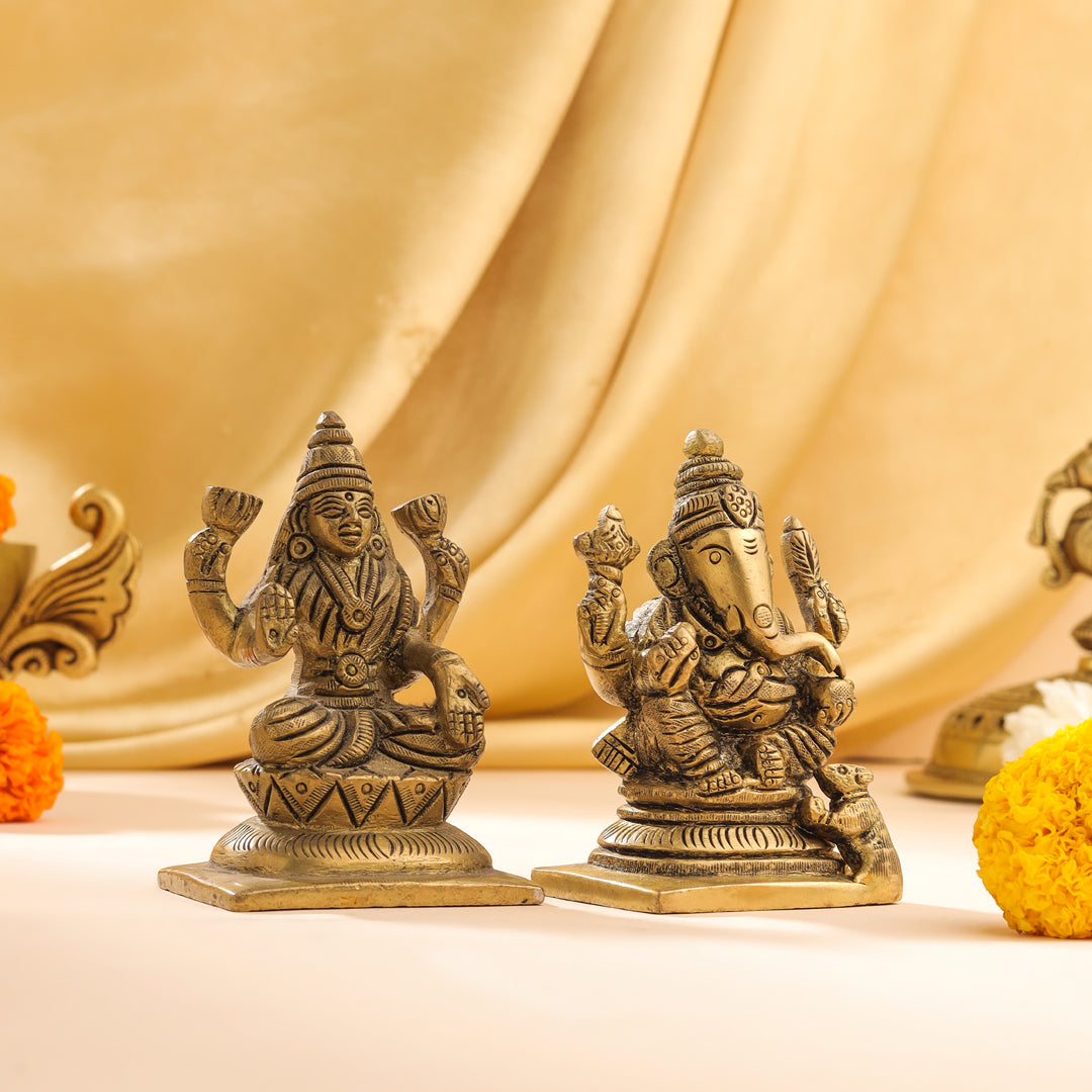 Brass Sitting Ganesha And Lakshmi Set Idol (3.5 Inch) Vedansh Craft