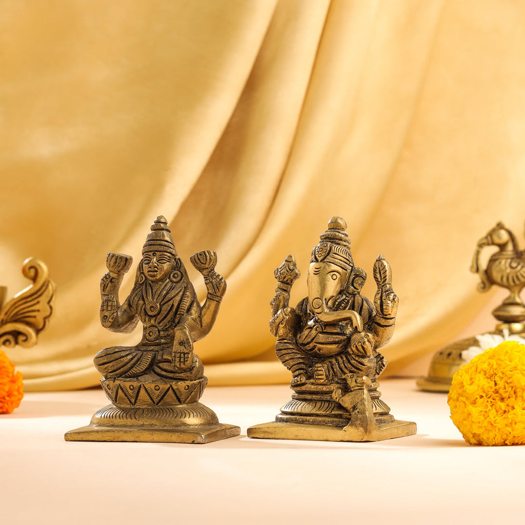 Brass Sitting Ganesha And Lakshmi Set Idol (3.5 Inch) Vedansh Craft