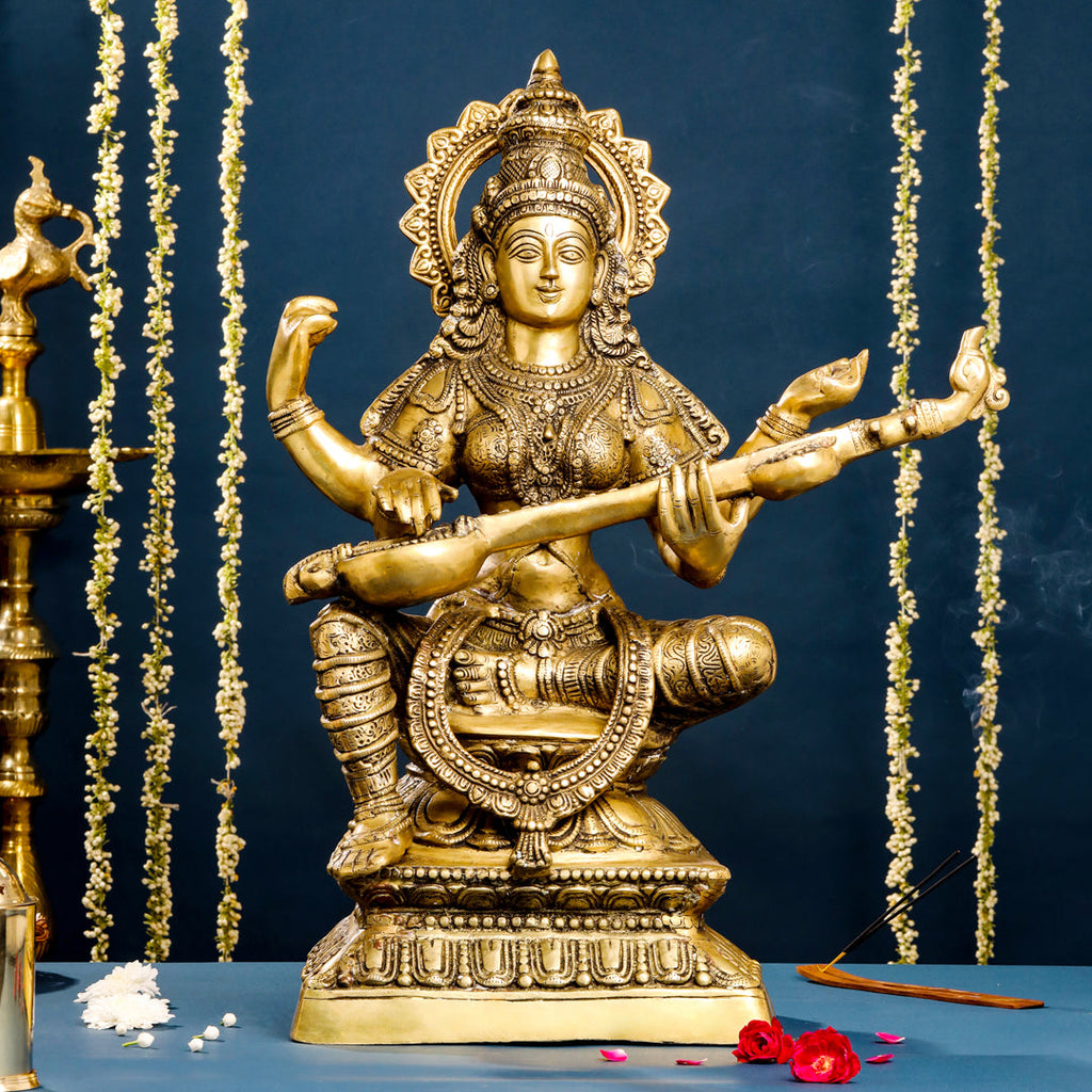 Brass Goddess Sitting Saraswati Idol (30 Inch) Vedansh Craft