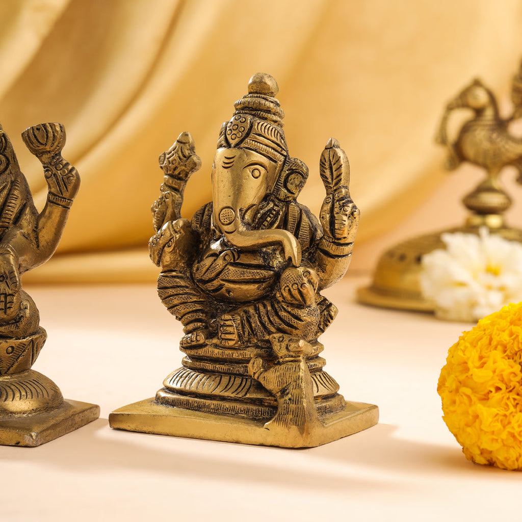 Brass Sitting Ganesha And Lakshmi Set Idol (3.5 Inch) Vedansh Craft