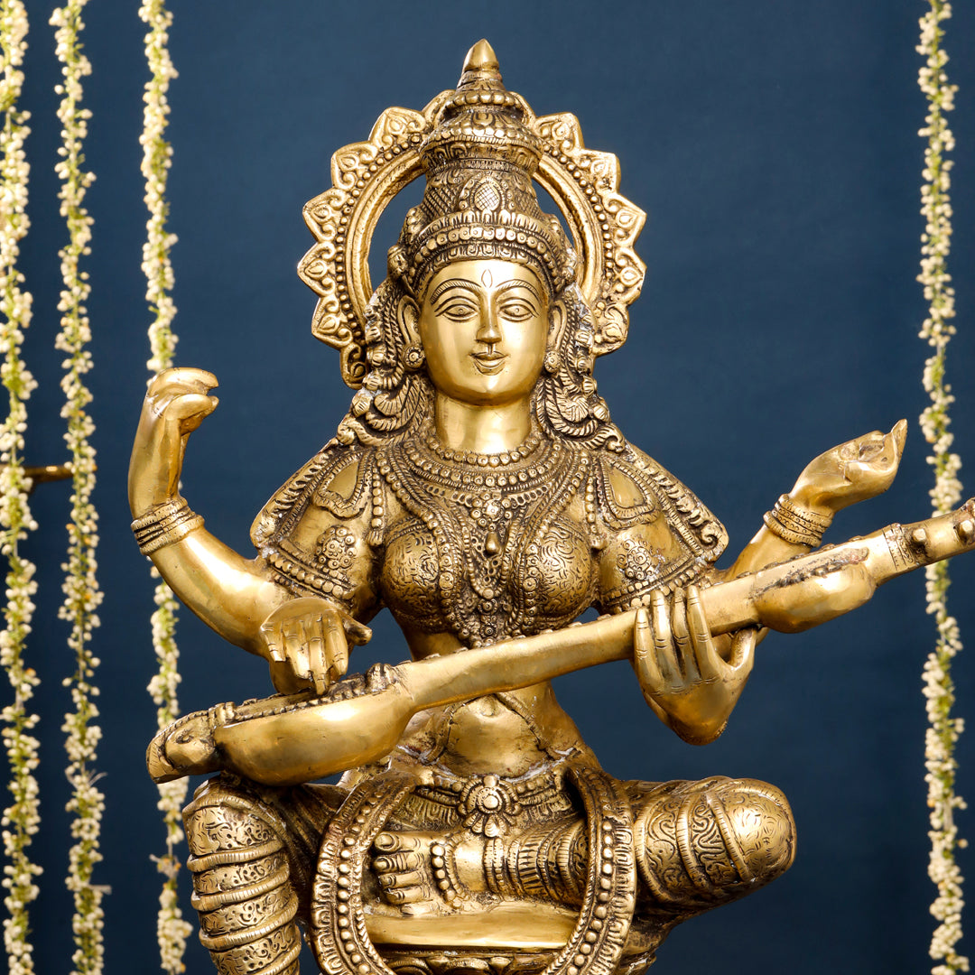 Brass Goddess Sitting Saraswati Idol (30 Inch) Vedansh Craft