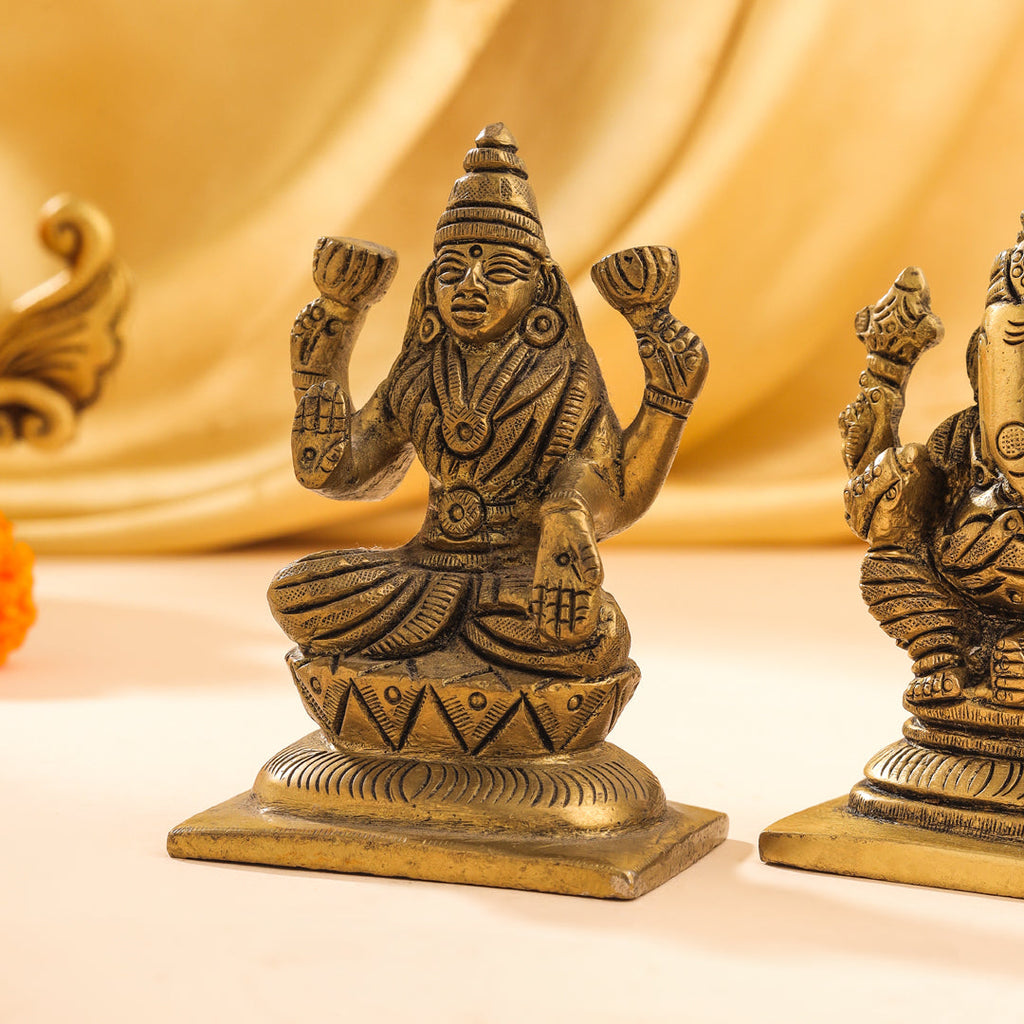 Brass Sitting Ganesha And Lakshmi Set Idol (3.5 Inch) Vedansh Craft
