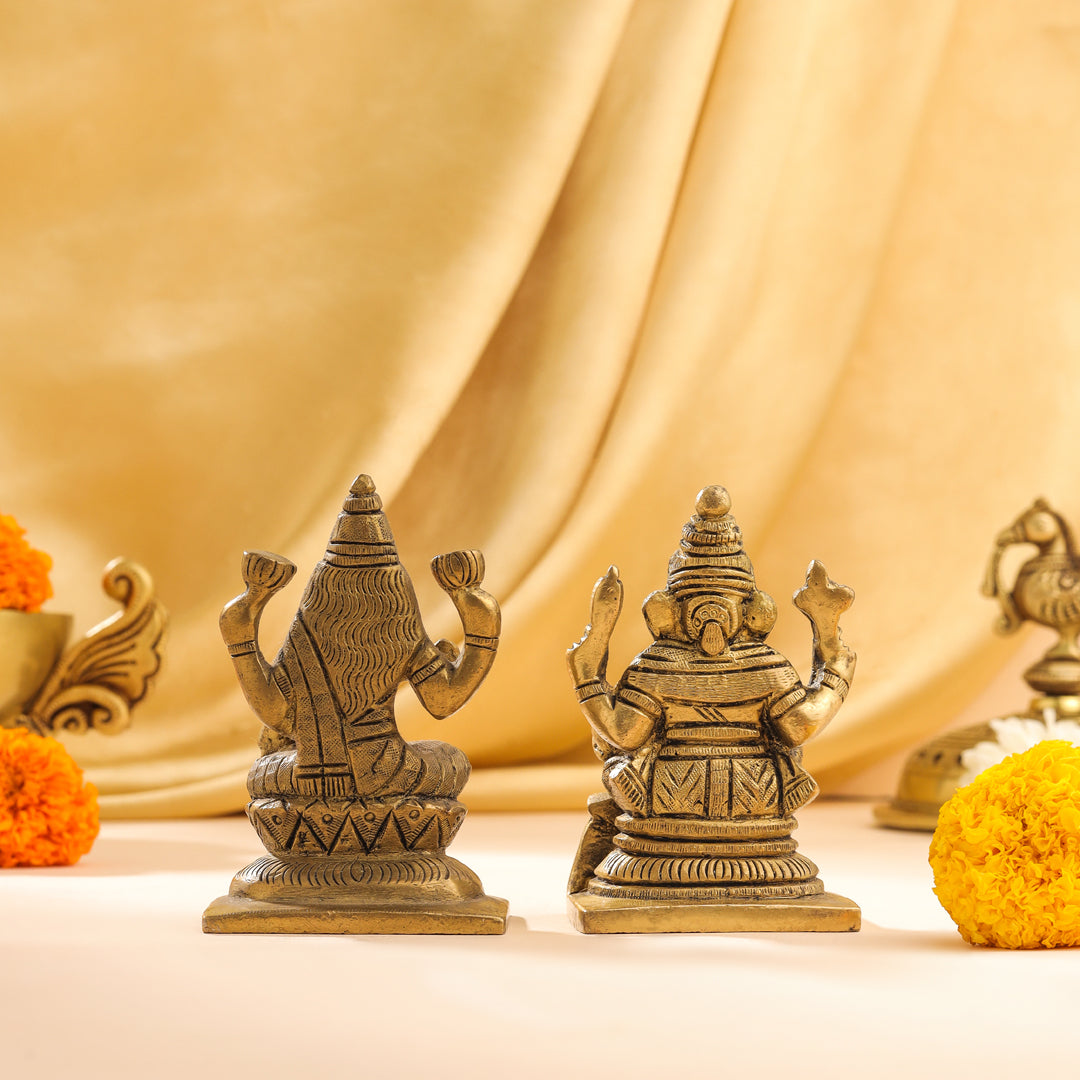 Brass Sitting Ganesha And Lakshmi Set Idol (3.5 Inch) Vedansh Craft