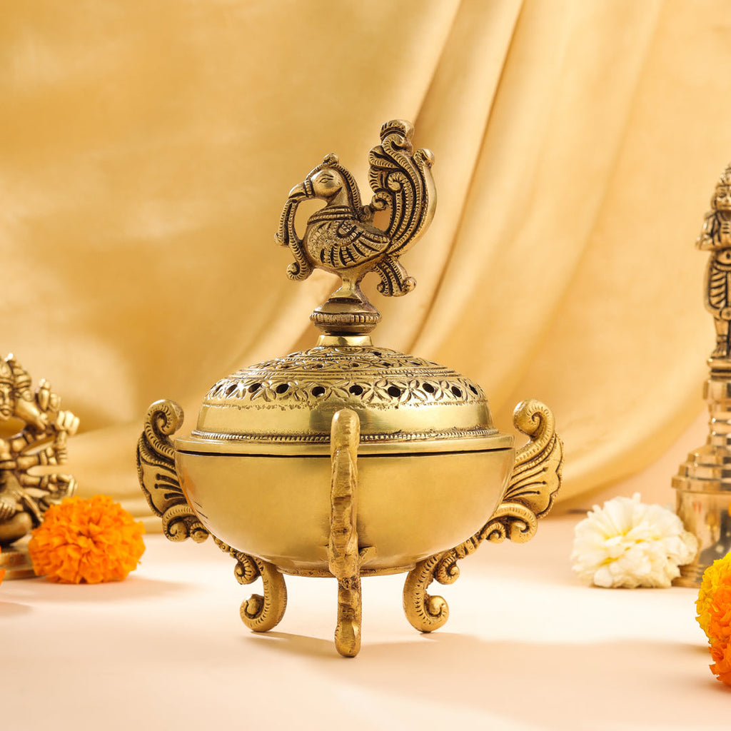 Brass Peacock Dhoop Dani & Incense Holder Vedansh Craft